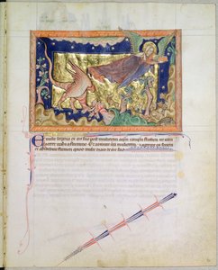 Ms L.A. 139-Lisboa fol.32 A nő elrepül, miközben a Föld elnyeli a vörös sárkány által a Gulbenkian Apokalipszisből kilövellt vizet, 1265-70 körül alkotó: English School